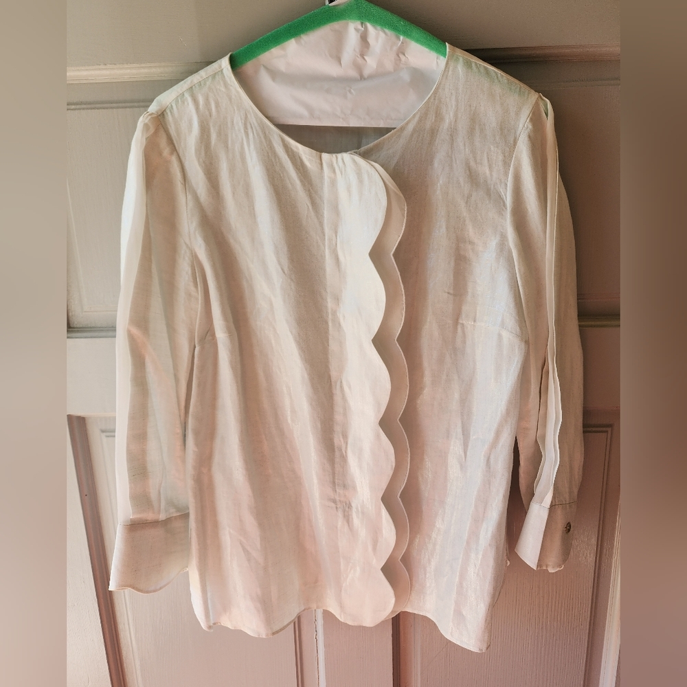 Per Se by Carlisle White Silk Ramie Blouse Metallic Glow Size 10, Large Designer